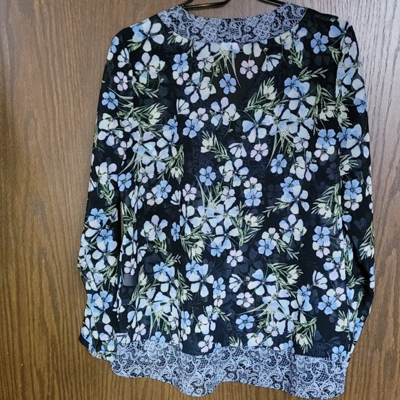 J. JILL Floral Lace Print Button Front Blouse Sheer Long Sleeve Navy Blue Small - Picture 10 of 16